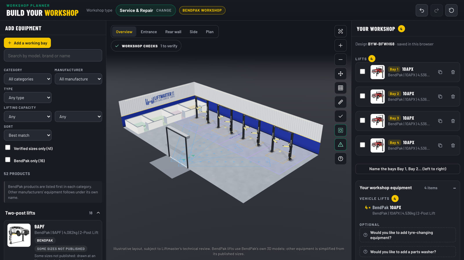 The Build Your Workshop planner showing a four-bay BendPak workshop: four 10APX two-post lifts in a 3D workshop, with the equipment list on the left and the bay list on the right